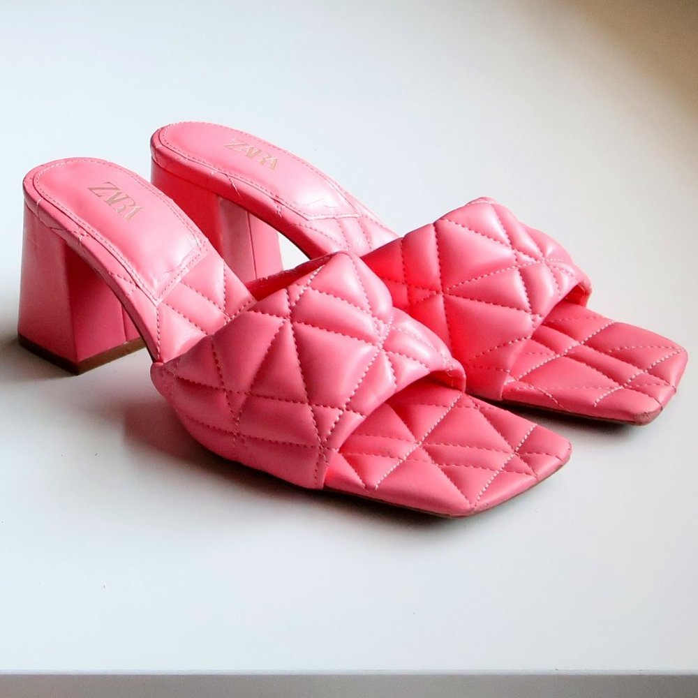 Zara Pink Puffy Square Toe Block Heel Slip-on Mule Sandals Summer Shoes Size